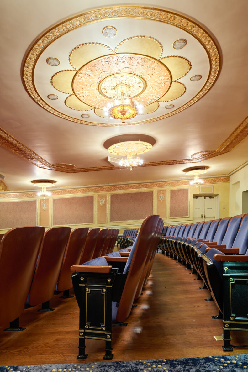 Folly Theater seats and ceiling