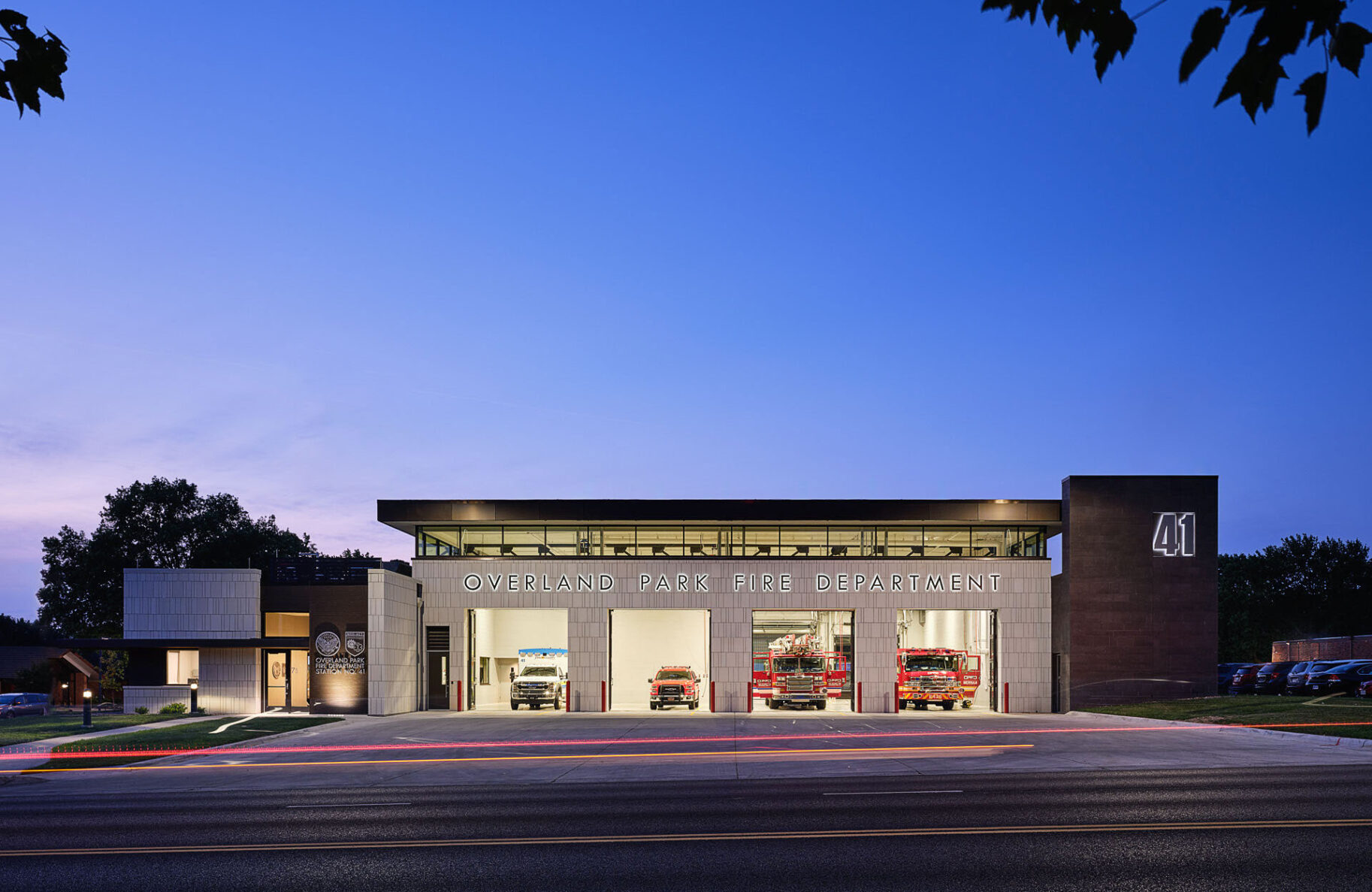 Overland Park Fire Station #41 at night with doors open