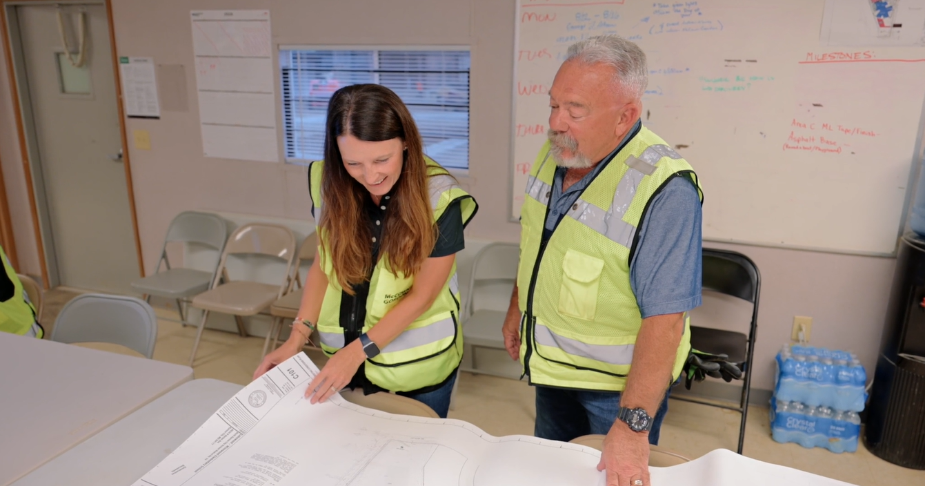 Two McCownGordon Construction associates looking at drawings in a job trailer in Kansas City\