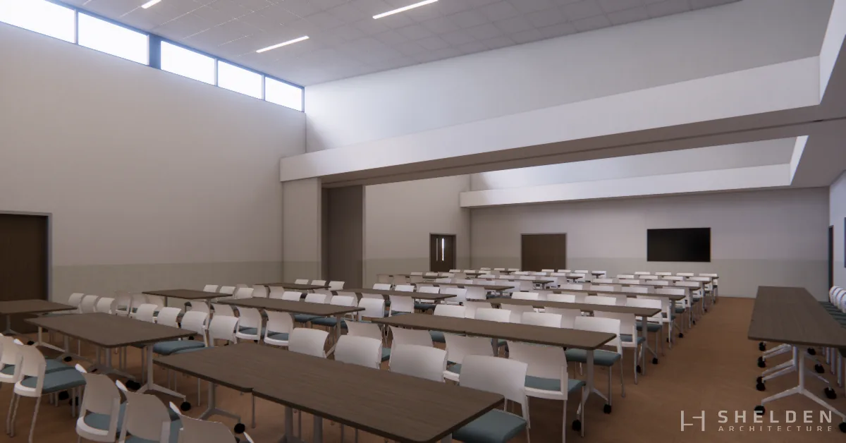 Rendering of the multipurpose room with rows of empty tables at the Park City Senior Center