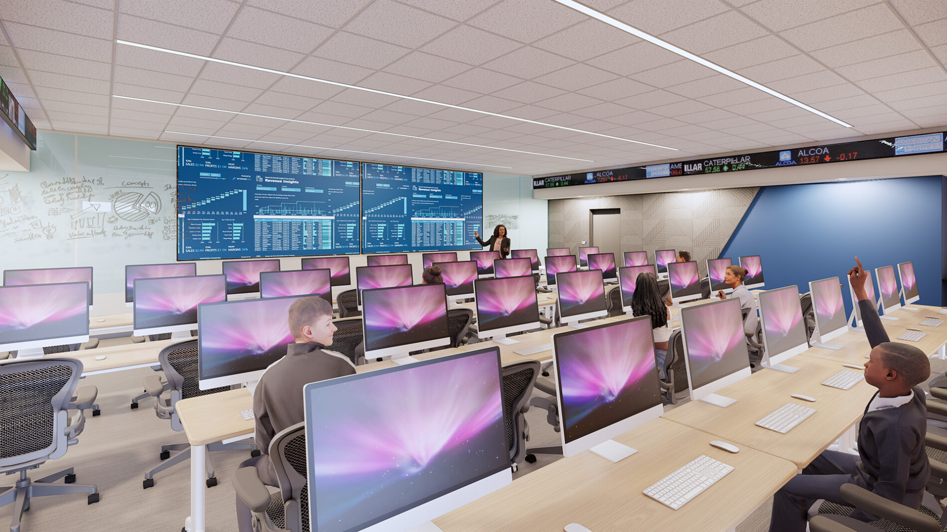 Rendering of the finance lab at Washburn University Advisors Excel Hall.