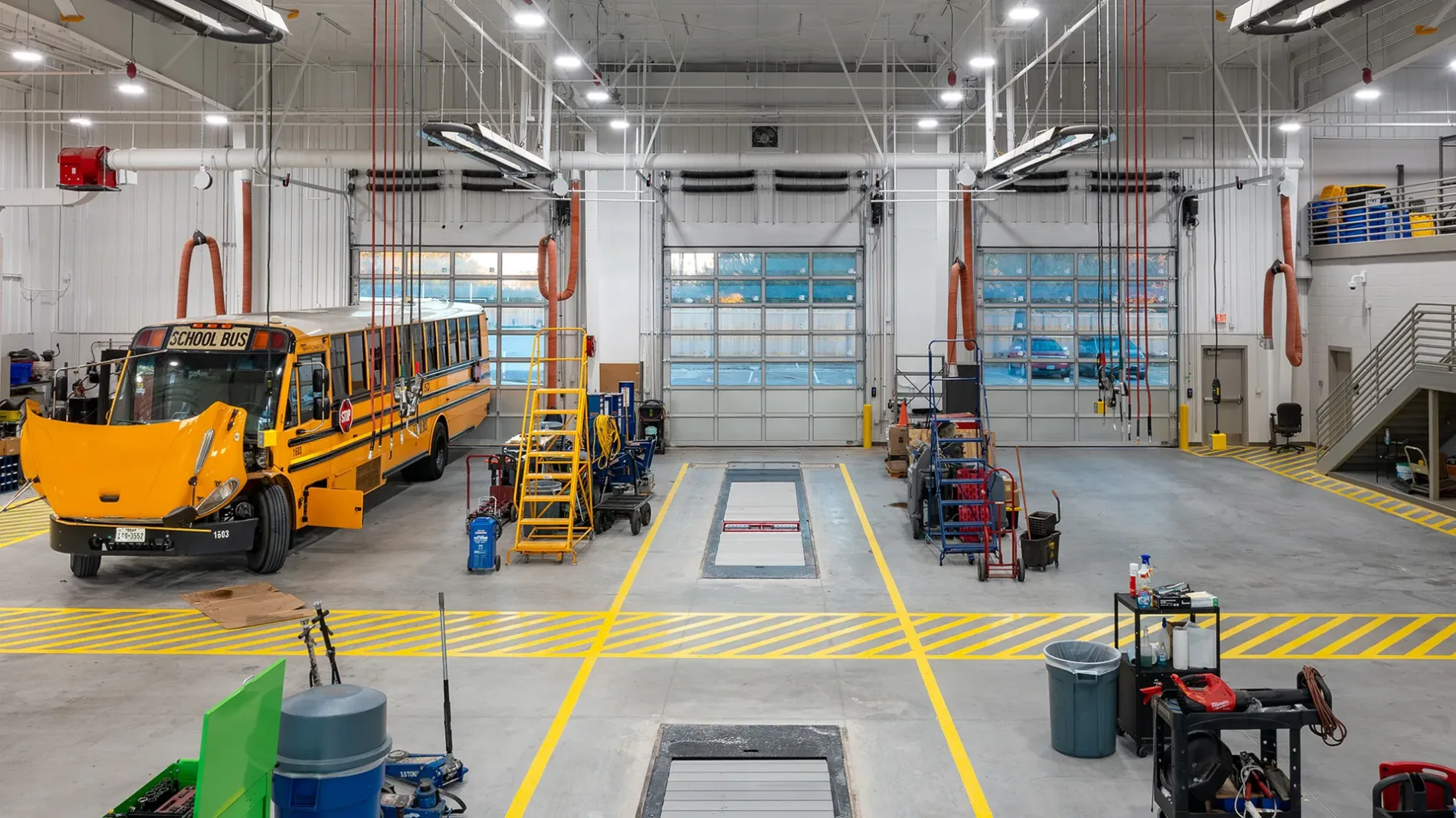 School bus maintenance area at the Irving ISD Transportation and Logistics Center, built by McCownGordon Construction