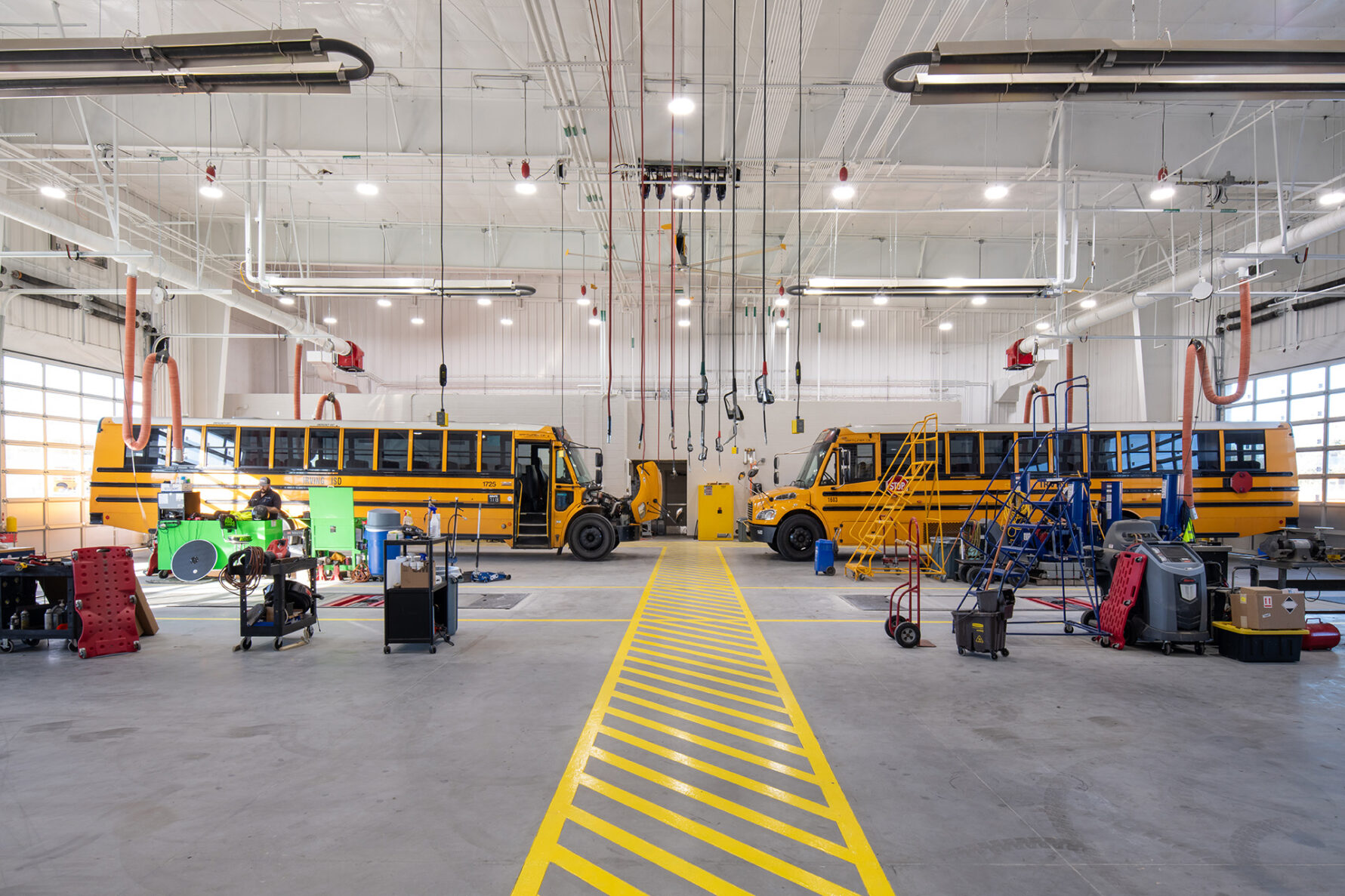 School bus maintenance area at the Irving ISD Transportation and Logistics Center, built by McCownGordon Construction
