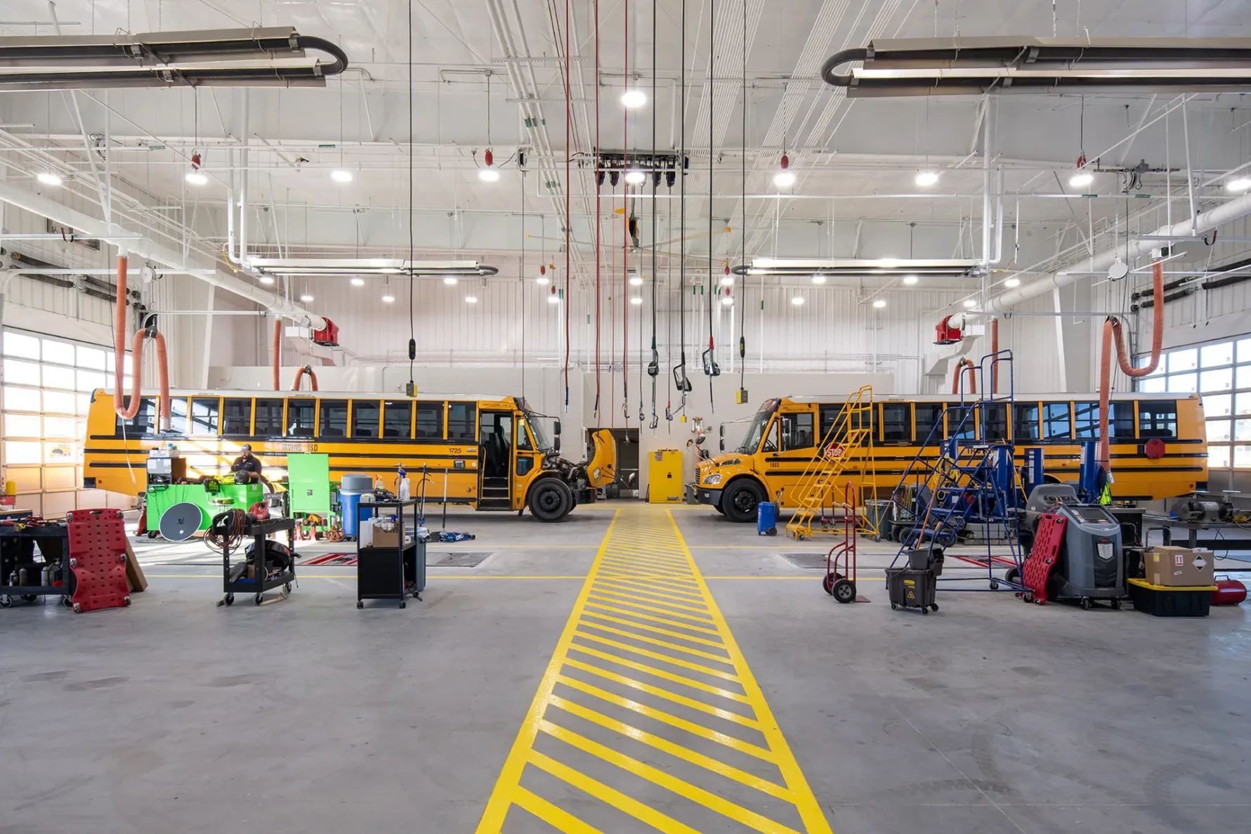 School bus maintenance area at the Irving ISD Transportation and Logistics Center, built by McCownGordon Construction