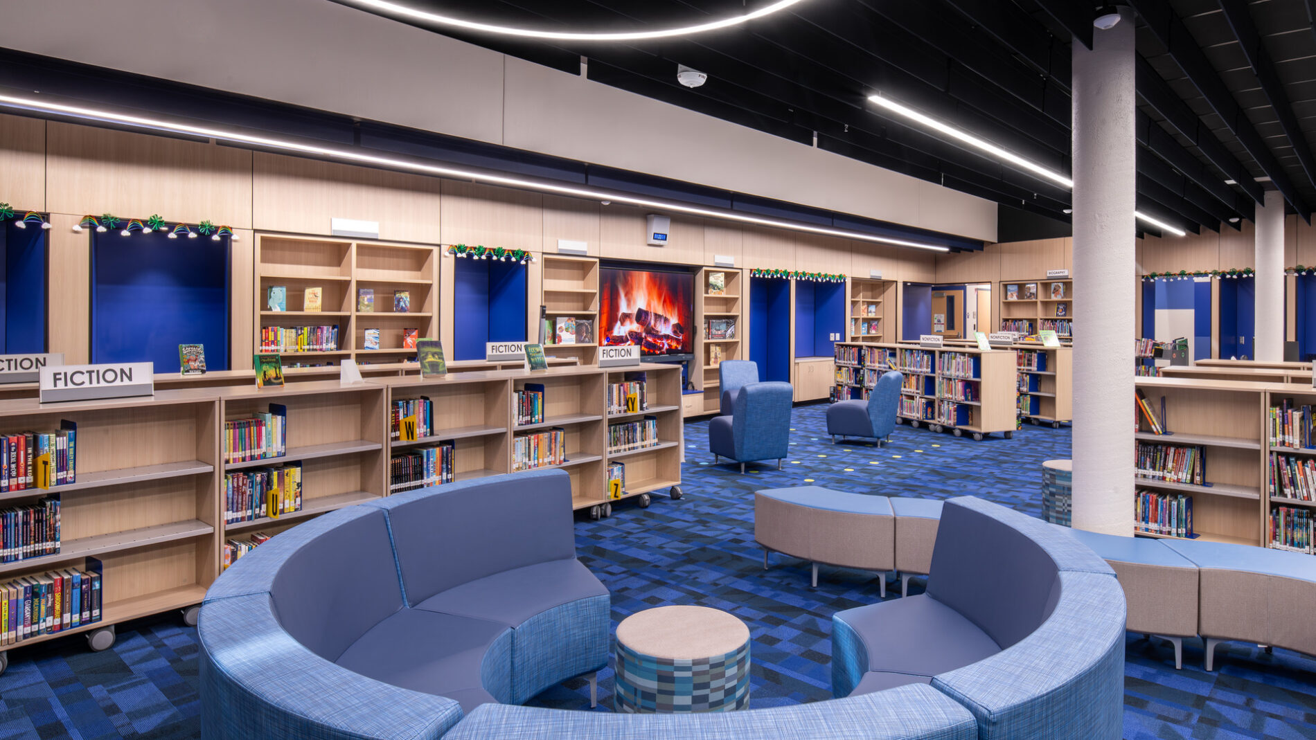 Blue couch in library