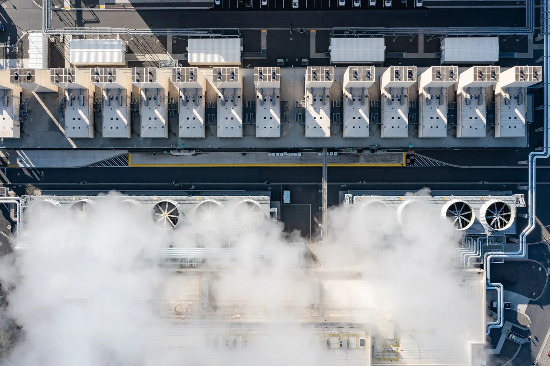 Aerial drone view of large data center cooling systems